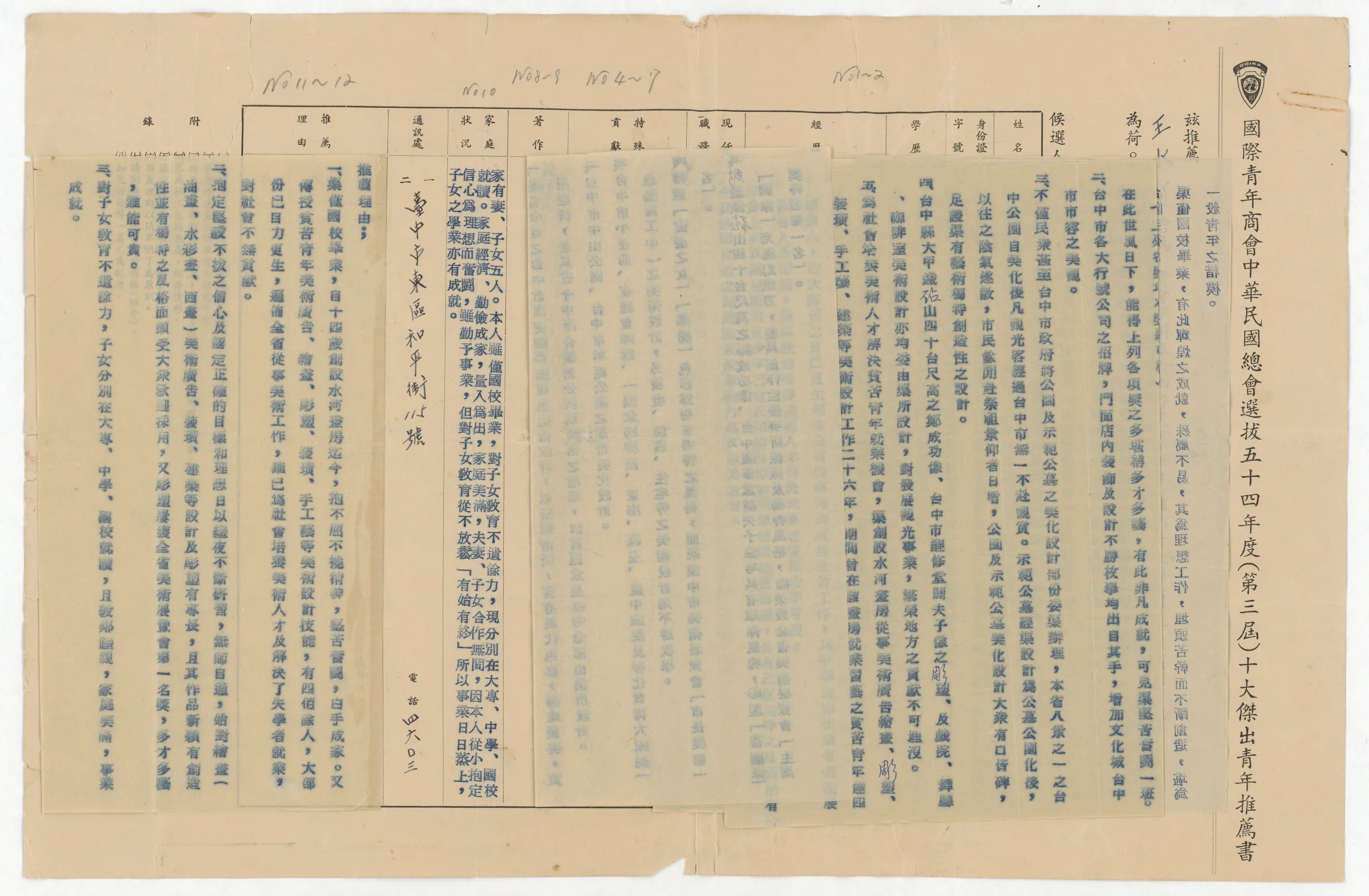 國際青年商會中華民國總會_54年度（第三屆）十大傑出青年推薦書_推薦人台中市長張啟仲